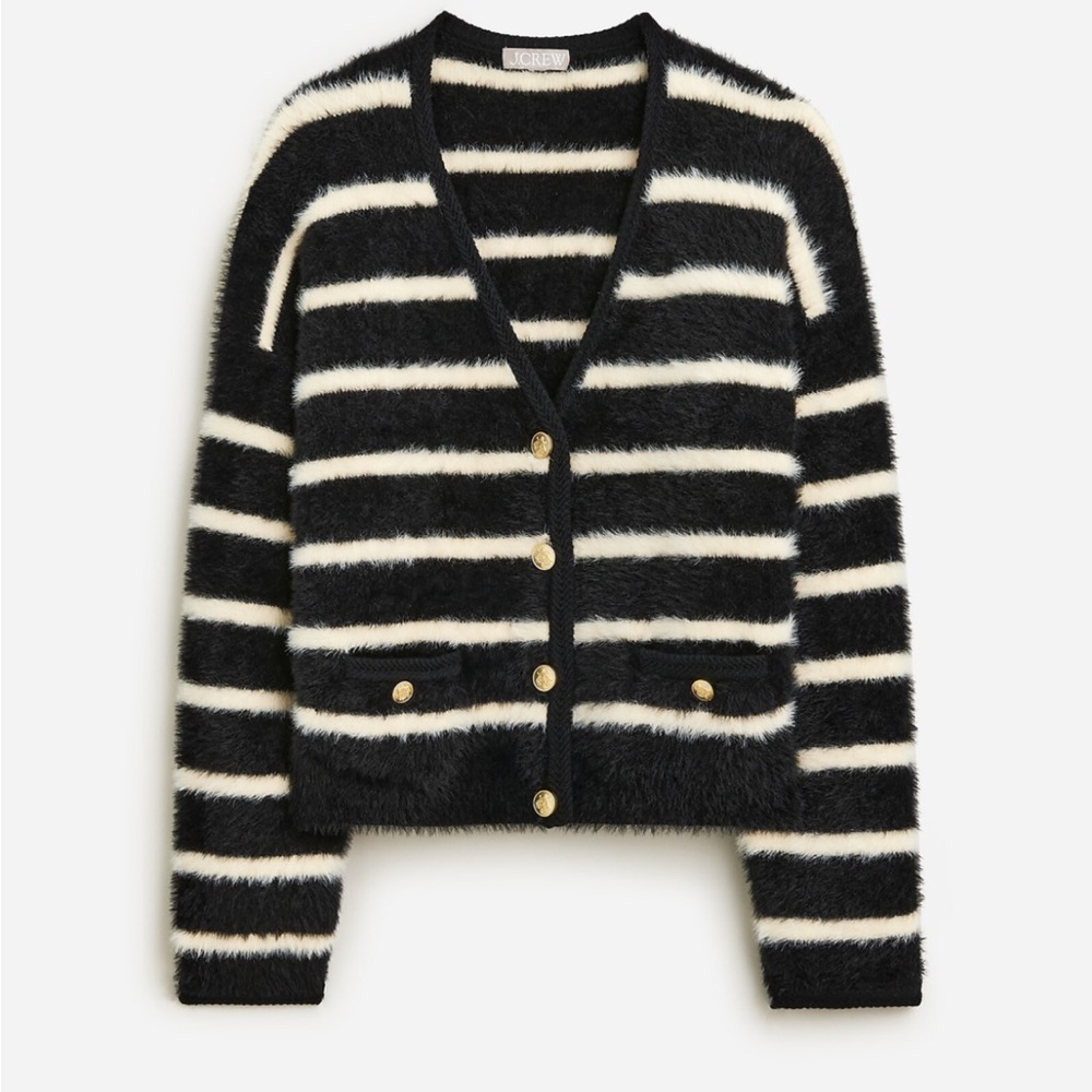 J CrewBlack &White Striped Brushed Yarn Lady Jacket with gold buttons cardigan